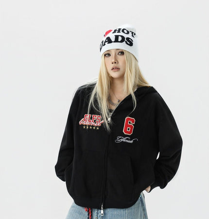 TALKLESSFASHION JW308 American Trend Suede Vintage Structure Embroidery Drawing Design Short and Wide Men's Hooded Cardigan Sweatshirt