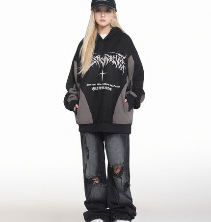 TALKLESSFASHION JW523 American Retro Men's and Women's Premium Street Stitching Design Men's Loose Suede Thickened Sweatshirt