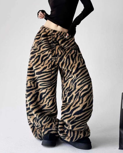 TALKLESSFASHION Korean retro lazy leopard print warmth can be worn inside and outside, wide-leg sweatpants, women's winter casual jazz dance scimitar pants