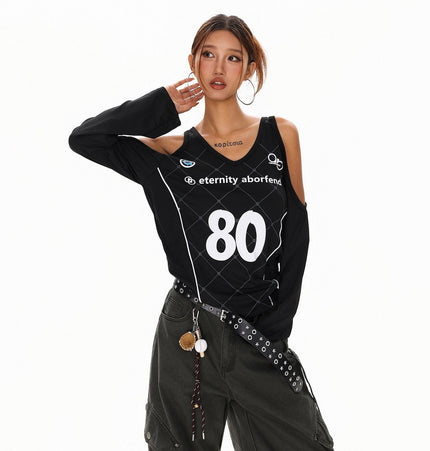 TALKLESSFASHION L / black XPKAEAX Sweet Cool Spice Girls Digital Print Long Sleeve T-Shirt Women's Fall American High Street Sporty Off-the-Shoulder Top