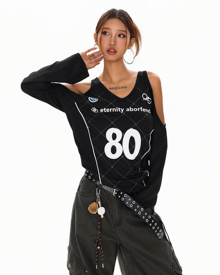 TALKLESSFASHION L / black XPKAEAX Sweet Cool Spice Girls Digital Print Long Sleeve T-Shirt Women's Fall American High Street Sporty Off-the-Shoulder Top