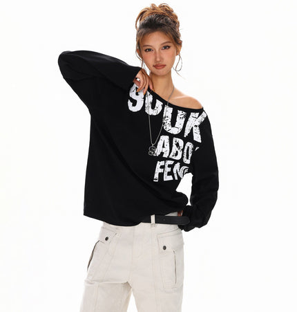 TALKLESSFASHION L / black Disruptive Lettering Off-Shoulder Top