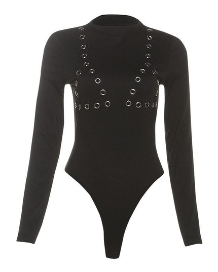 TALKLESSFASHION L / black VOstudio cool hot girl design sense corn hole long sleeve bodysuit women's ring hollow slim slim top