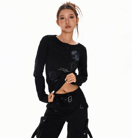 TALKLESSFASHION L / black XPKAEAX American vintage hot diamond letter long sleeve T-shirt hot girl style slim slim pre-fall thin top