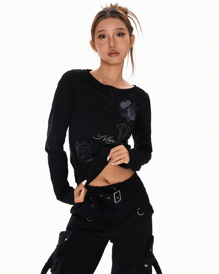 TALKLESSFASHION L / black XPKAEAX American vintage hot diamond letter long sleeve T-shirt hot girl style slim slim pre-fall thin top