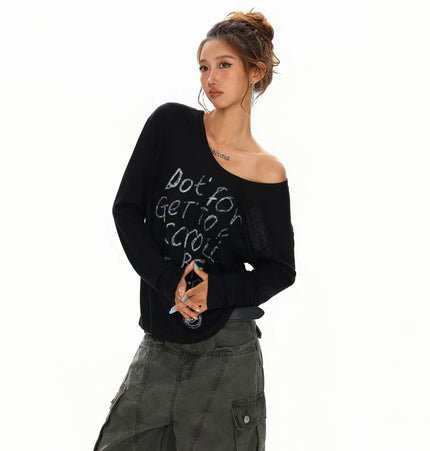 TALKLESSFASHION L / black XPKAEAX Slightly Translucent Lightweight Letter Long Sleeve T-Shirt Women's 2025 Pre-Fall Loose Off-the-Shoulder Top American Slanted Shoulder Cover-Up
