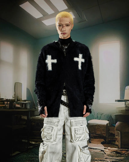 TALKLESSFASHION L / black Y2K Mohair Hooded Cardigan
