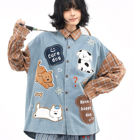 TALKLESSFASHION L / blue OV original American plaid patchwork washed denim shirt men's and women's autumn puppy towel embroidered loose long-sleeved shirt