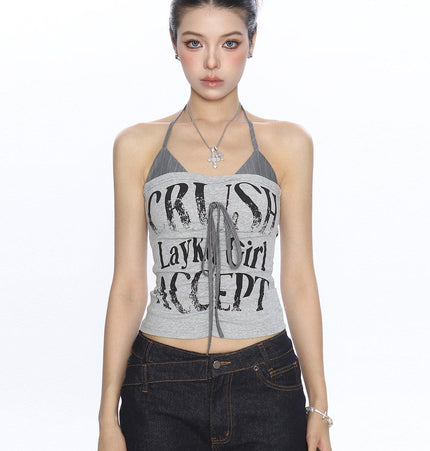 TALKLESSFASHION L / gray BIGGOLD American hot girl halterneck lace-up vest camisole female summer hot girl pure desire fake two-piece bandeau top