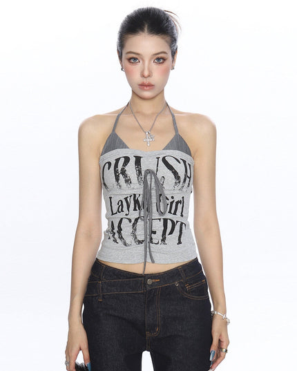 TALKLESSFASHION L / gray BIGGOLD American hot girl halterneck lace-up vest camisole female summer hot girl pure desire fake two-piece bandeau top