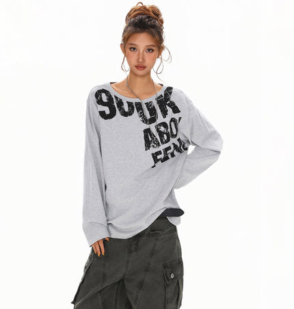 TALKLESSFASHION L / gray Disruptive Lettering Off-Shoulder Top