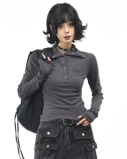 TALKLESSFASHION L / gray OV original American hot girl half-open lapel long-sleeved T-shirt women's autumn slim straight shoulder short base shirt top trend