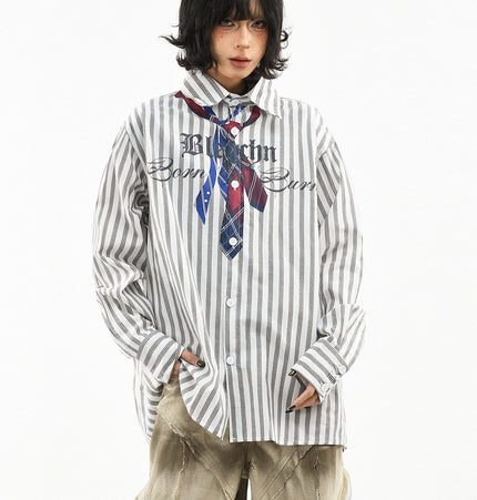 TALKLESSFASHION L / gray OV original American preppy vertical stripe tie print long sleeve shirt women's spring loose midi shirt men