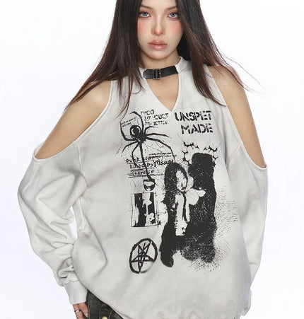 TALKLESSFASHION L / Gray plush, silver fox down Graffiti Distressed Off-Shoulder Sweatshirt