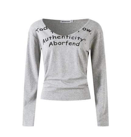 TALKLESSFASHION L / gray XPKAEAX American Spice Girl Monogram Print U-Neck Long Sleeve T-Shirt Women Fall 2025 Loose Off-the-Shoulder Top ins