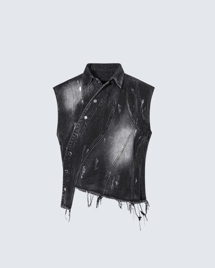 TALKLESSFASHION L / Photo Color Retro Slim Ethnic Denim Vest