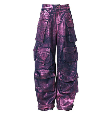 TALKLESSFASHION L / purple Purple Bronzing Wide-Leg Cargo Jeans