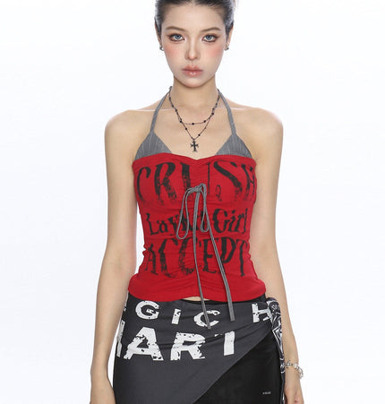 TALKLESSFASHION L / red BIGGOLD American hot girl halterneck lace-up vest camisole female summer hot girl pure desire fake two-piece bandeau top