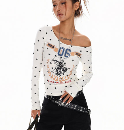 TALKLESSFASHION L / white XPKAEAX American Vintage Spice Girl Star Off-the-Shoulder Long Sleeve T-Shirt Women's Slanted Shoulder Slimming Slimming One-Shoulder Top