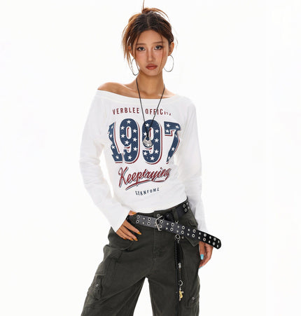 TALKLESSFASHION L / white XPKAEAX Spice Girl Style American High Street Slim Long Sleeve T-Shirt Women's New Off-the-Shoulder Slimming Top for Fall 2025