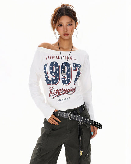 TALKLESSFASHION L / white XPKAEAX Spice Girl Style American High Street Slim Long Sleeve T-Shirt Women's New Off-the-Shoulder Slimming Top for Fall 2025
