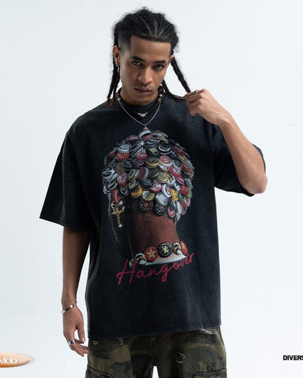 TALKLESSFASHION LawFoo spring and summer new street washed old American portrait print pure cotton loose short sleeve T-shirt for men and women