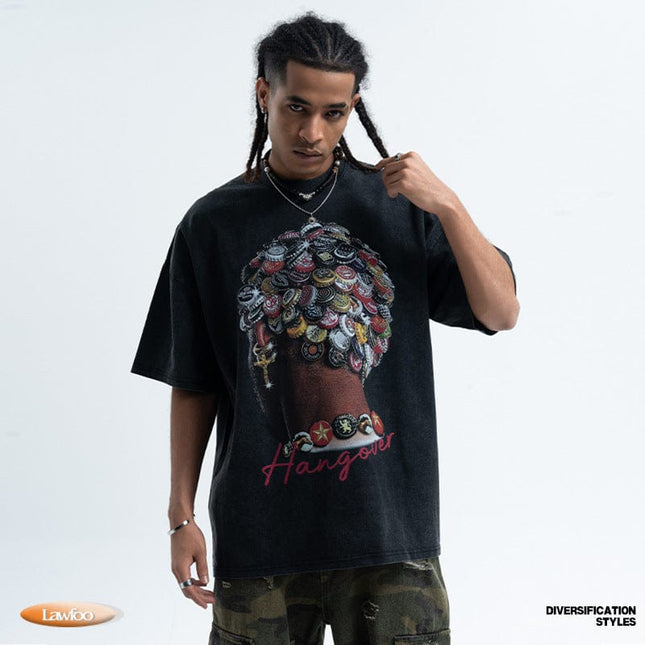 TALKLESSFASHION LawFoo spring and summer new street washed old American portrait print pure cotton loose short sleeve T-shirt for men and women