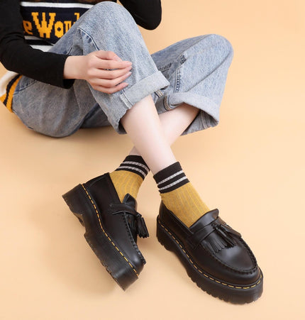 TALKLESSFASHION Leiyu tassel loafers, female genuine leather low-top small leather shoes, British fashion thick-soled student versatile casual shoes 5cm