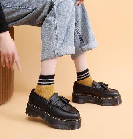 TALKLESSFASHION Leiyu tassel loafers, female genuine leather low-top small leather shoes, British fashion thick-soled student versatile casual shoes 5cm