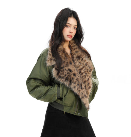 TALKLESSFASHION Leopard-Collar Motor-Core Padded Jacket