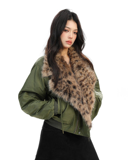 TALKLESSFASHION Leopard-Collar Motor-Core Padded Jacket