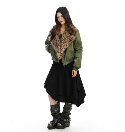 TALKLESSFASHION Leopard-Collar Motor-Core Padded Jacket