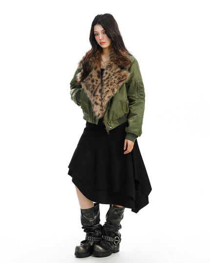 TALKLESSFASHION Leopard-Collar Motor-Core Padded Jacket