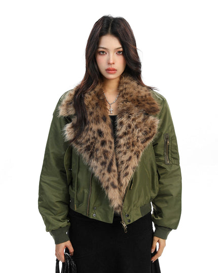 TALKLESSFASHION Leopard-Collar Motor-Core Padded Jacket