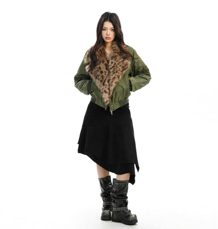 TALKLESSFASHION Leopard-Collar Motor-Core Padded Jacket