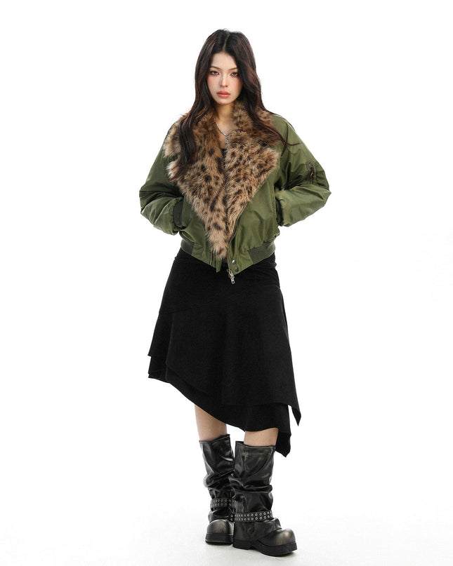 TALKLESSFASHION Leopard-Collar Motor-Core Padded Jacket