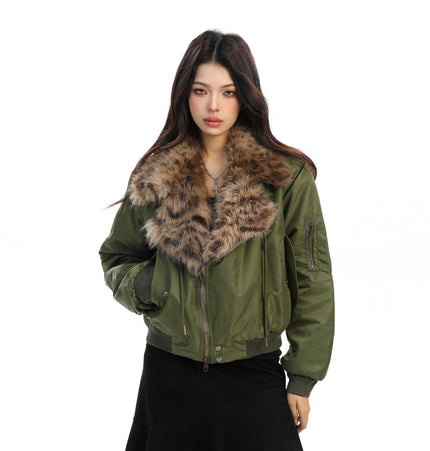 TALKLESSFASHION Leopard-Collar Motor-Core Padded Jacket