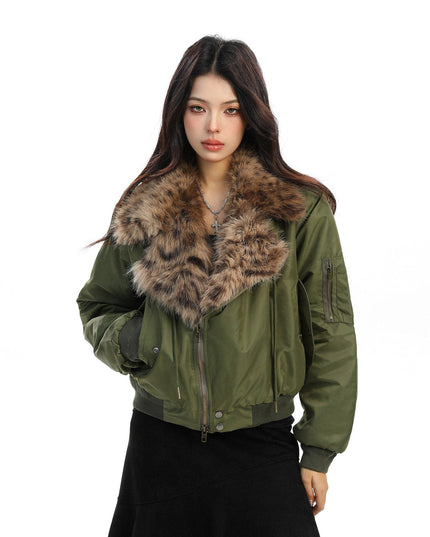 TALKLESSFASHION Leopard-Collar Motor-Core Padded Jacket