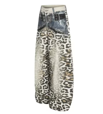 TALKLESSFASHION Leopard Print Scimitar Wide-Leg Jeans