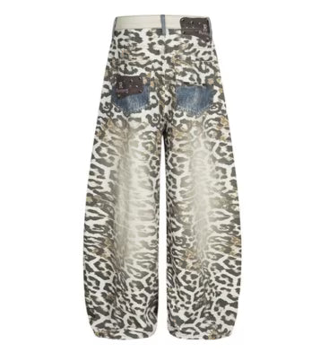 TALKLESSFASHION Leopard Print Scimitar Wide-Leg Jeans