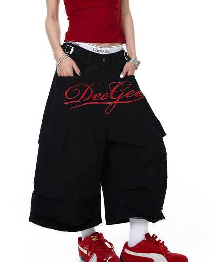 TALKLESSFASHION Letter Embroidery Design Cargo Cropped Pants