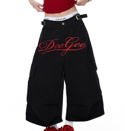 TALKLESSFASHION Letter Embroidery Design Cargo Cropped Pants