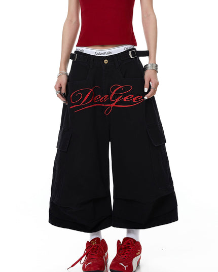 TALKLESSFASHION Letter Embroidery Design Cargo Cropped Pants