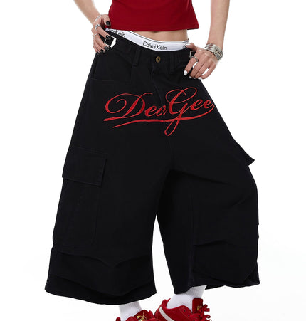 TALKLESSFASHION Letter Embroidery Design Cargo Cropped Pants