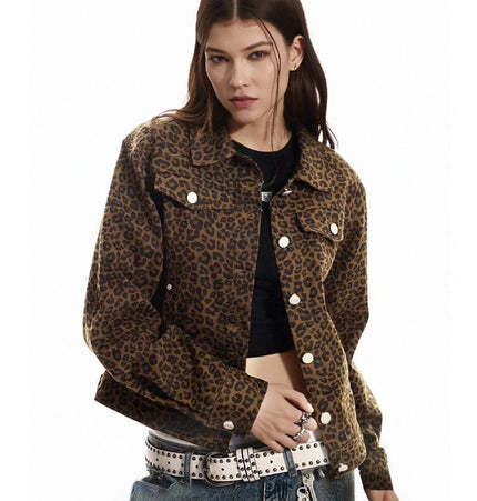 TALKLESSFASHION Light Yao Women's Clothing|American Retro Lapel Leopard Print Short Jacket Jacket Women's Slim Slim Slim Niche Design Top