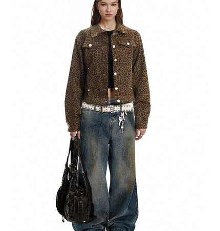 TALKLESSFASHION Light Yao Women's Clothing|American Retro Lapel Leopard Print Short Jacket Jacket Women's Slim Slim Slim Niche Design Top