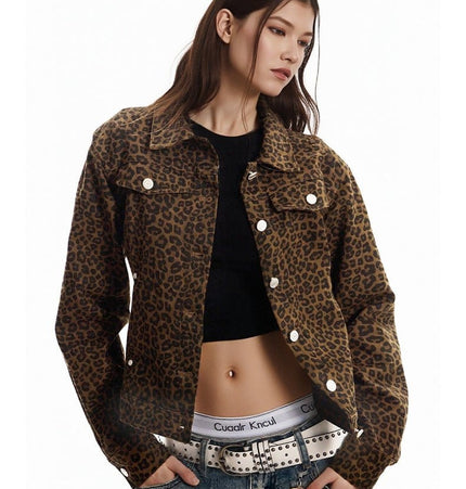 TALKLESSFASHION Light Yao Women's Clothing|American Retro Lapel Leopard Print Short Jacket Jacket Women's Slim Slim Slim Niche Design Top