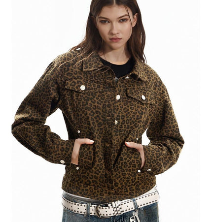 TALKLESSFASHION Light Yao Women's Clothing|American Retro Lapel Leopard Print Short Jacket Jacket Women's Slim Slim Slim Niche Design Top