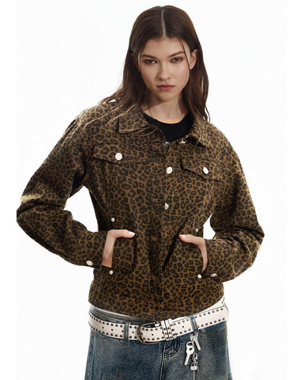 TALKLESSFASHION Light Yao Women's Clothing|American Retro Lapel Leopard Print Short Jacket Jacket Women's Slim Slim Slim Niche Design Top