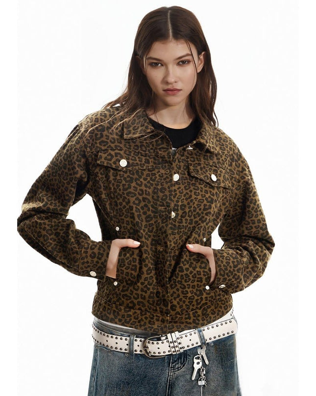 TALKLESSFASHION Light Yao Women's Clothing|American Retro Lapel Leopard Print Short Jacket Jacket Women's Slim Slim Slim Niche Design Top